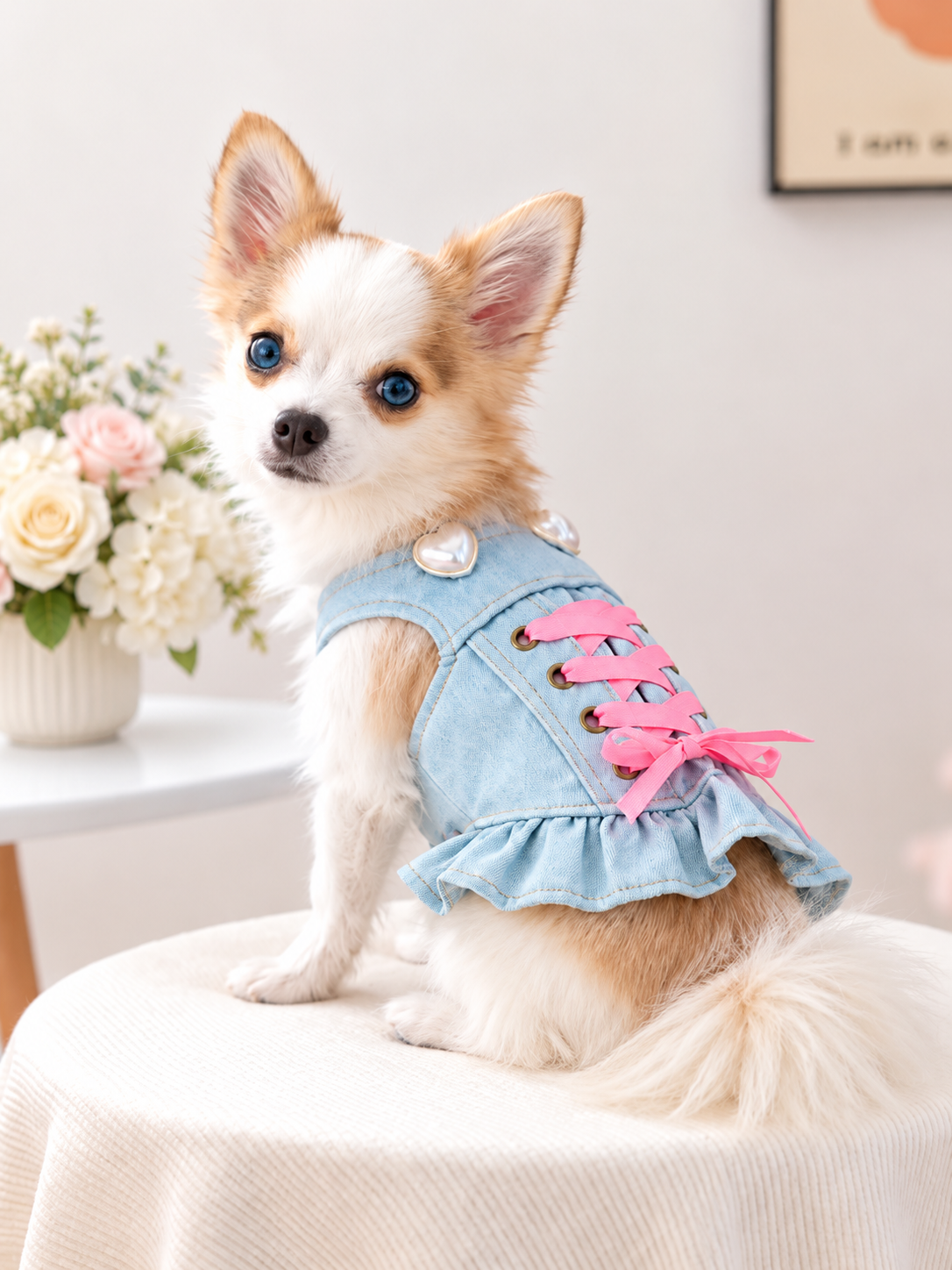 Adrian with light-blue eyes modeling the pale blue denim ruffle dress with pink ribbon lacing and pearl-like shoulder buttons