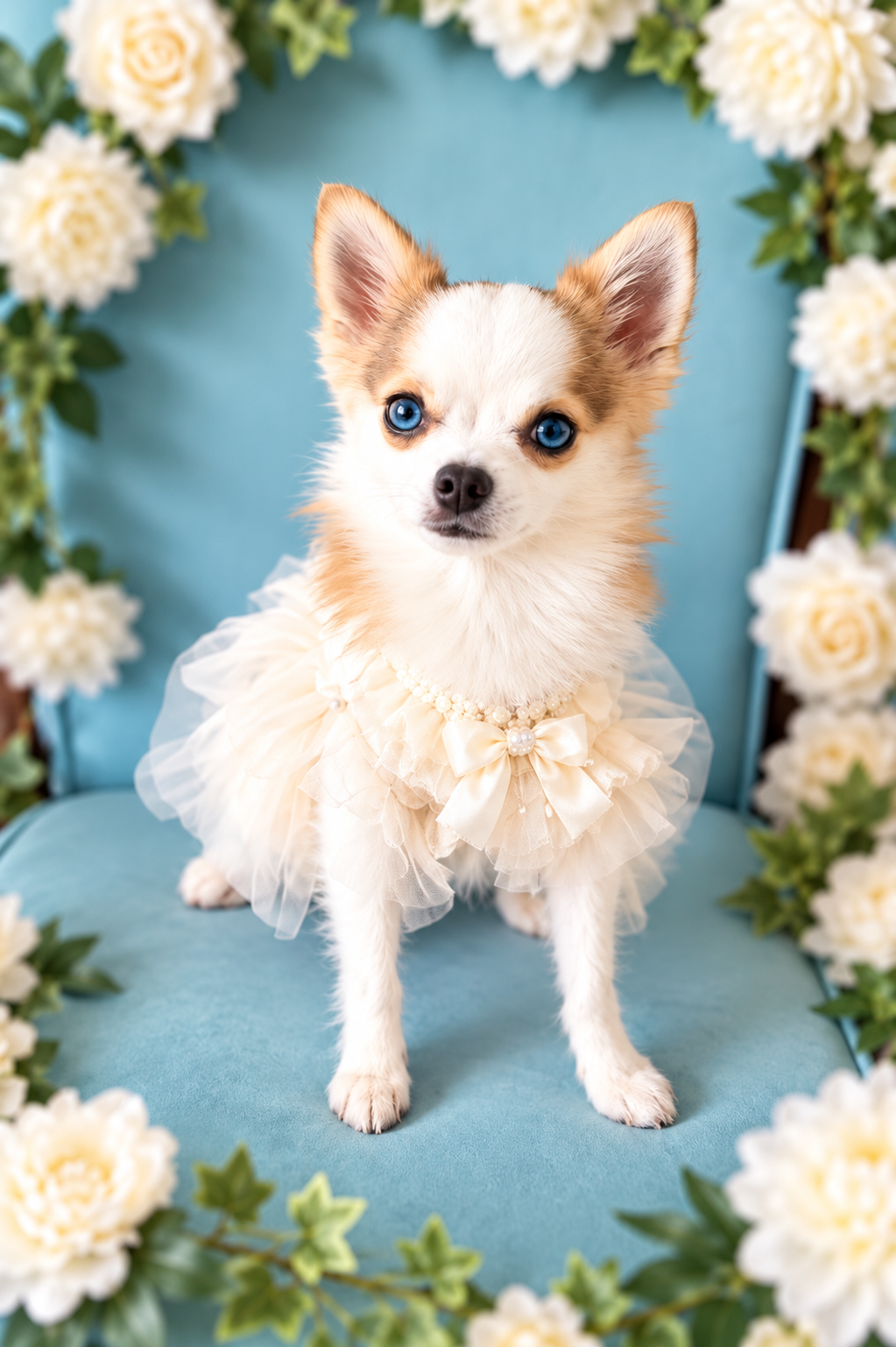 Adrian with light-blue eyes modeling the cream bow tulle ruffle pet dress in a powder blue chair with soft ivory flowers