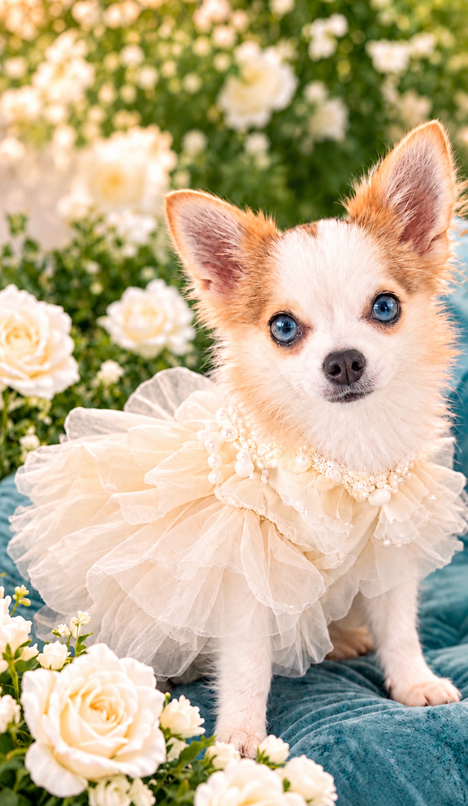 Adrian with light-blue eyes in her cream ruffled dress surrounded by soft white roses