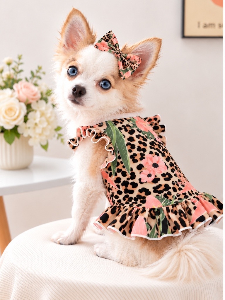 Adrian with light-blue eyes modeling the leopard floral ruffle dress with a matching bow