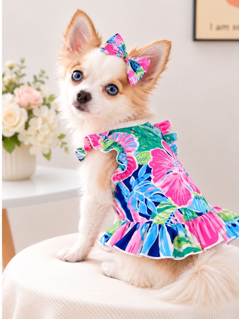 Adrian with light-blue eyes modeling the bright pink tropical ruffle dress with a matching bow