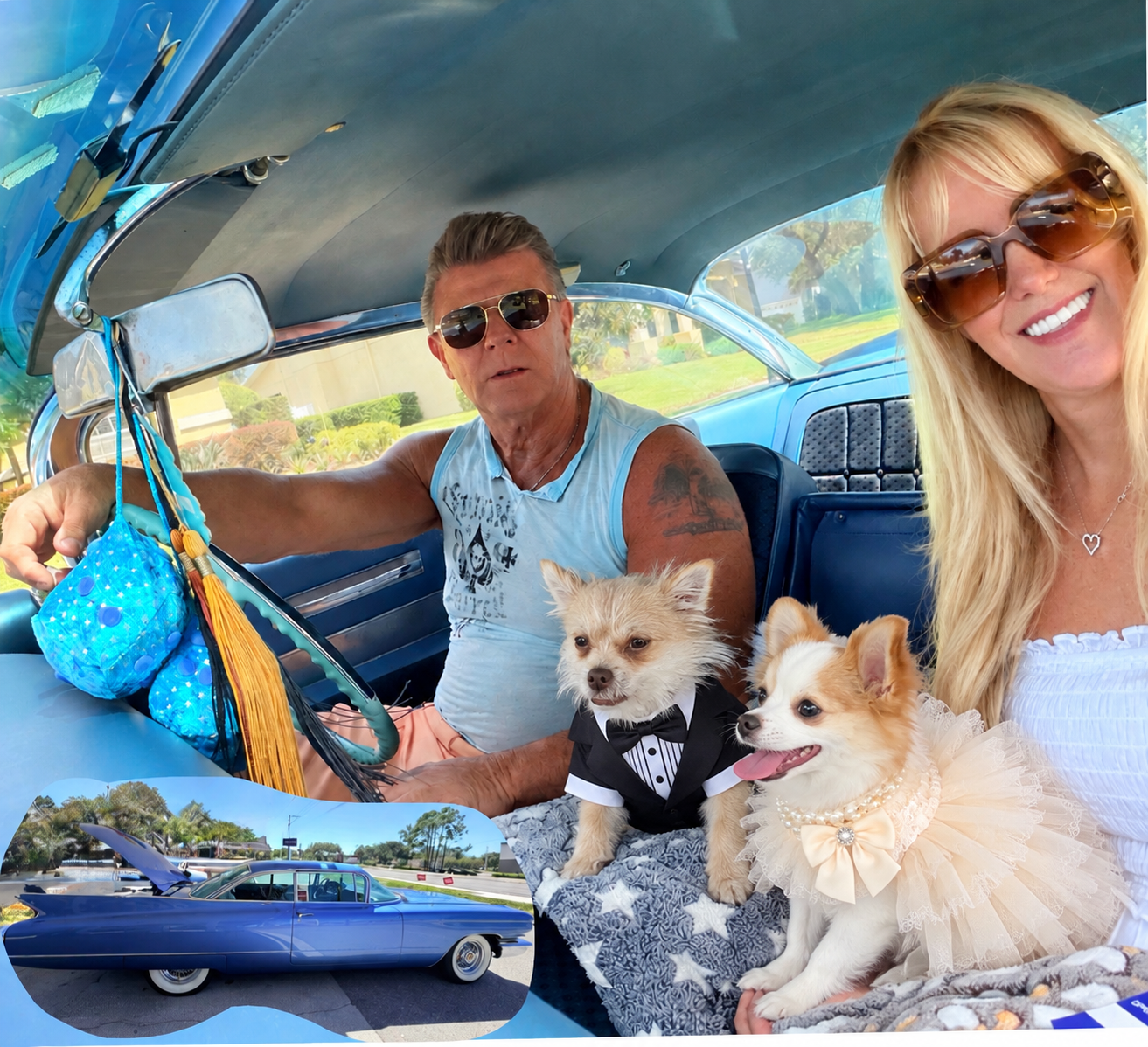 Laura and Anthony with Rocky and Adrian in the 1960 Cadillac