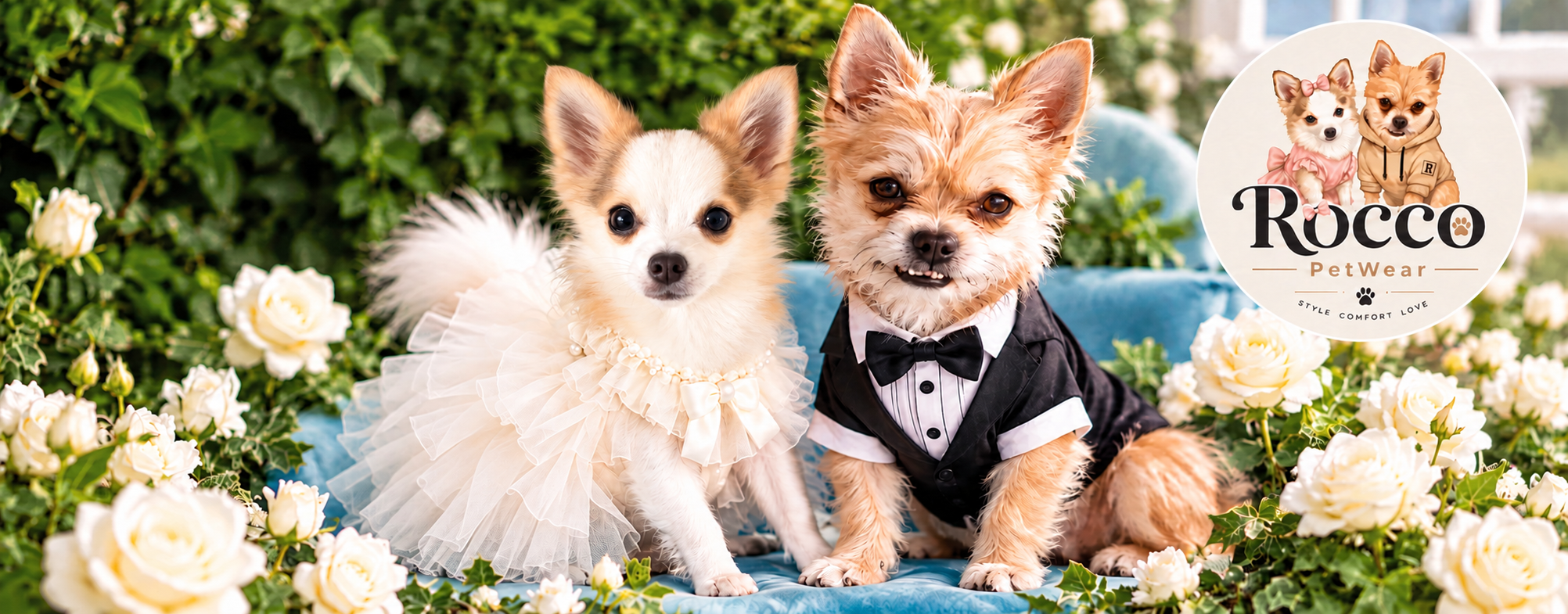 Adrian in her cream dress and Rocky in his tuxedo together among white roses