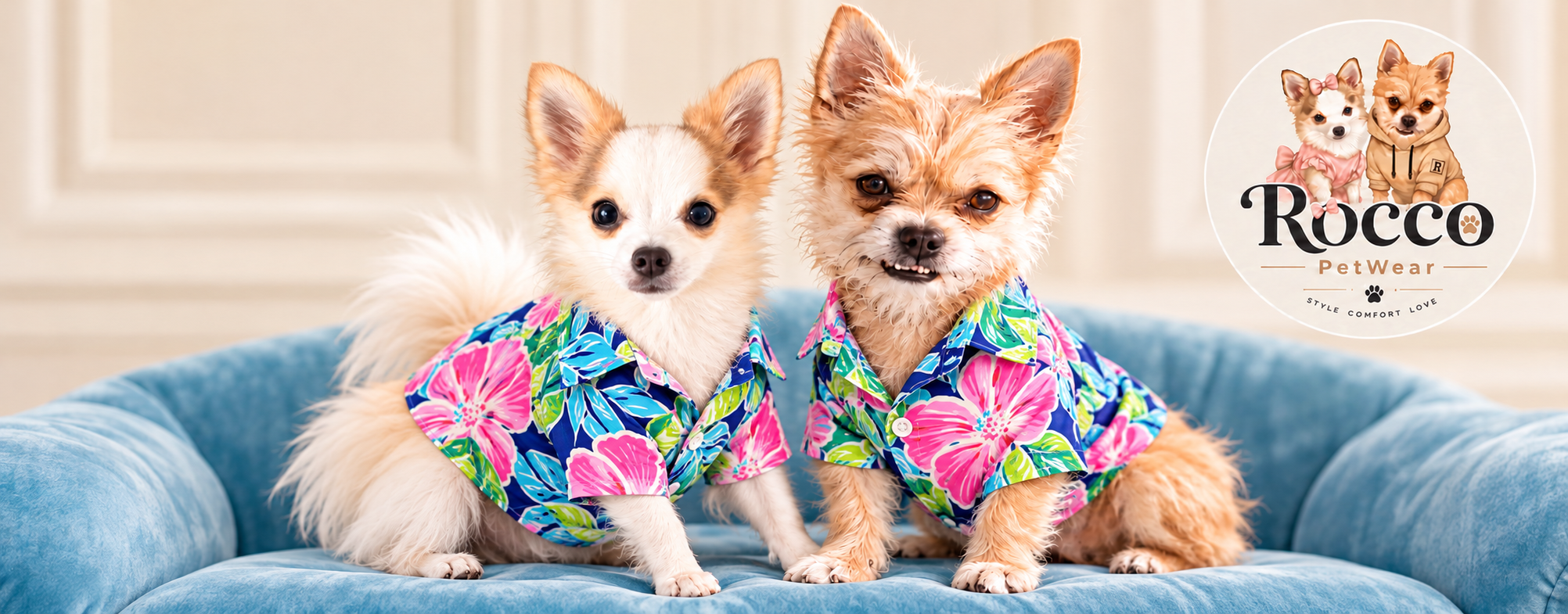 Rocky and Adrian in matching pink and blue Hawaiian shirts beside the Rocco PetWear logo