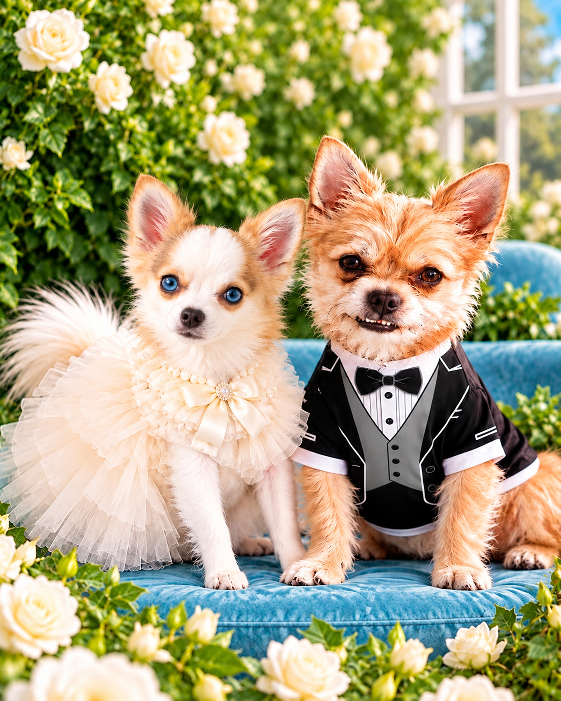Adrian with light-blue eyes in her cream dress beside Rocky wearing the Rocco tuxedo shirt among white roses