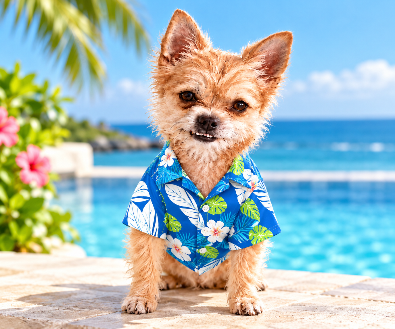 Rocky modeling the blue Hawaiian shirt with white flowers and green leaves by the ocean