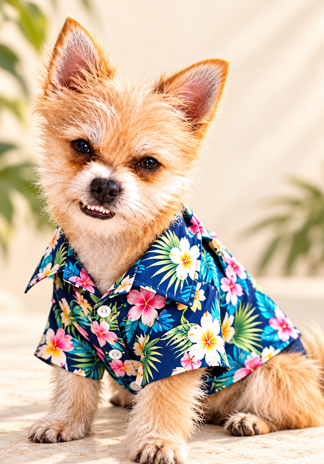 Rocky in his bright Hawaiian shirt against a softly blurred cream background