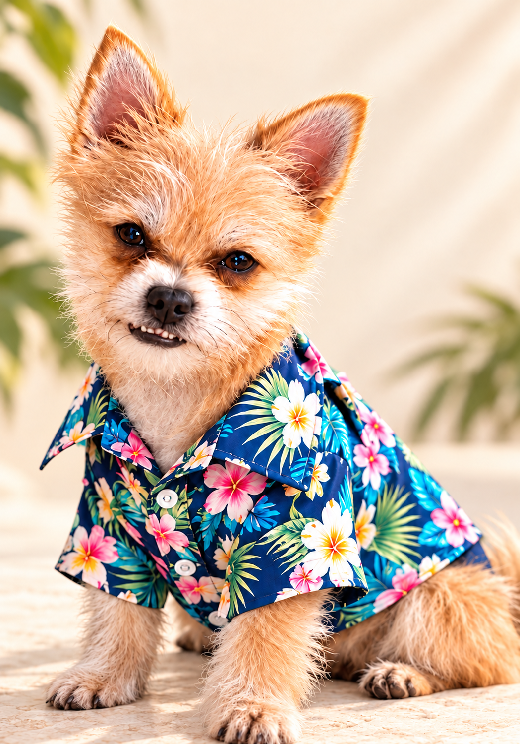 Rocky wearing the bright floral Rocco Hawaiian shirt against a soft cream background