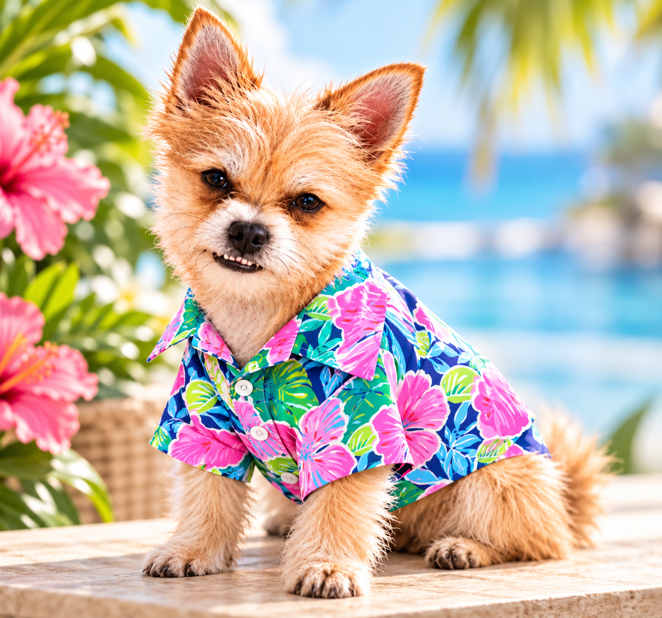 Rocky modeling the pink tropical Hawaiian shirt beside a sunny pool and hibiscus flowers